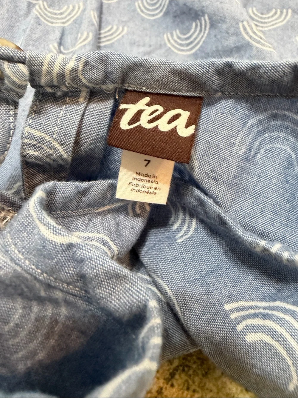 Tea Collection Girl’s Denim Blue Rainbow Puff-Sleeve Dress Size 7 100% Cotton
